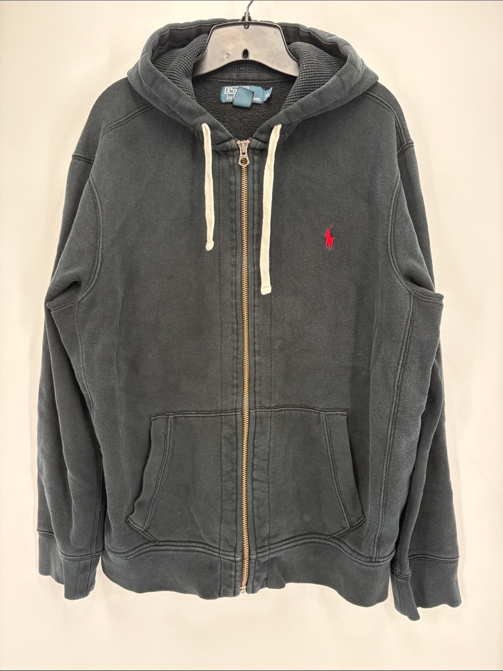 🚡 Polo cotton washed black Zip Hoodie with Red Pony